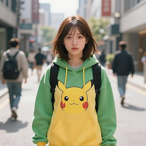 Young woman in Pikachu hoodie on city street