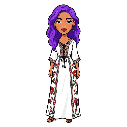 Digital illustration of a woman with long purple hair, wearing a white floral dress with red flowers, black lace details, and brown sandals, standing against a