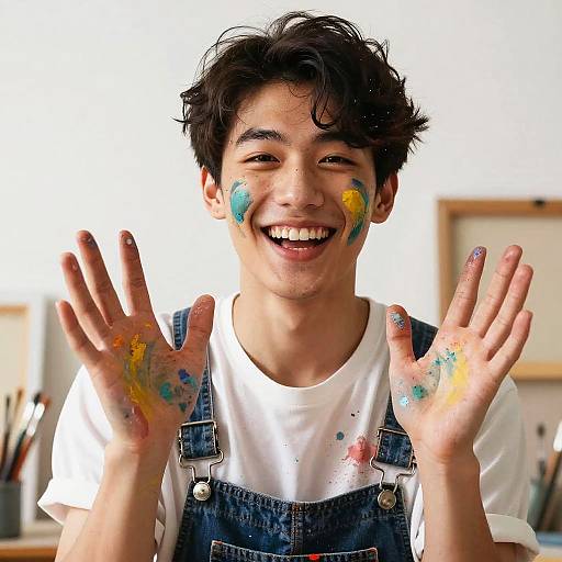 Photograph of a smiling young Asian boy with messy black hair, wearing a white shirt and blue denim overalls, hands and face painted with colorful spl