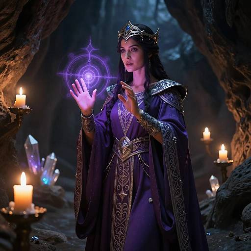 Magical woman in ornate purple robe and crown, glowing purple circle above hand, surrounded by candles and crystals in a dark cave. Fantasy photograph.