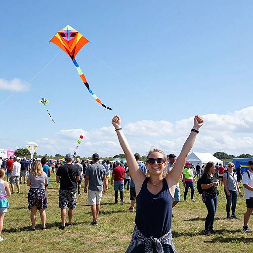 Photograph of a smiling woman with blonde hair, sunglasses, and a black tank top, flying a colorful kite in a sunny park with many people and