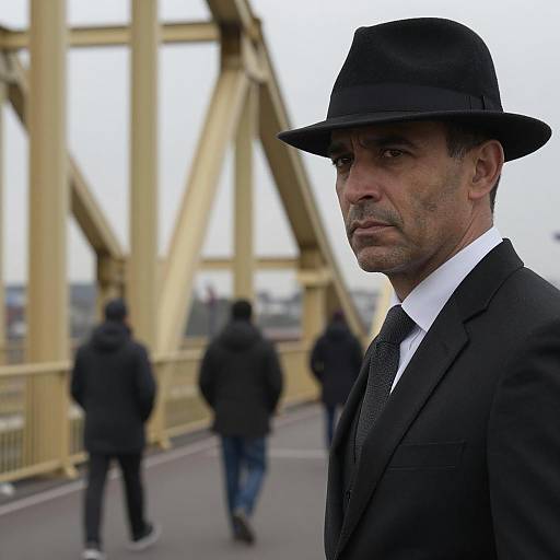 Serious Man in Fedora Against Bridge