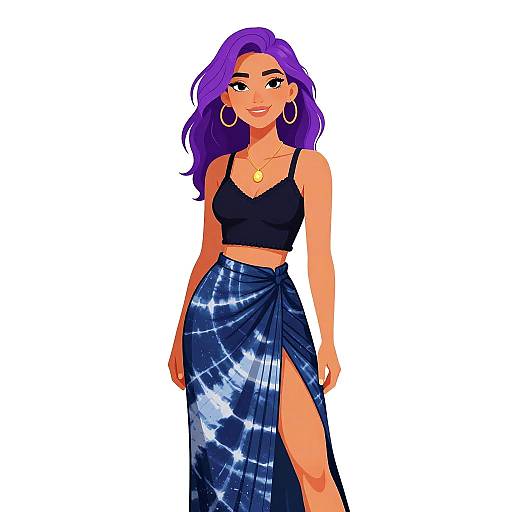 Digital illustration of a confident woman with purple hair, wearing a black crop top, blue tie-dye skirt with a high slit, hoop earrings, and