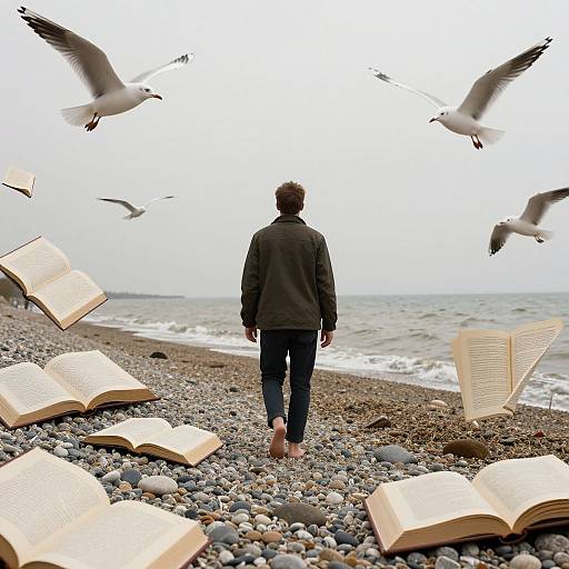 Photograph of a person in a dark jacket and blue pants, barefoot, walking on a rocky beach with flying seagulls and floating open books