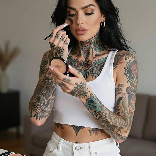 Tattooed Woman Applying Makeup