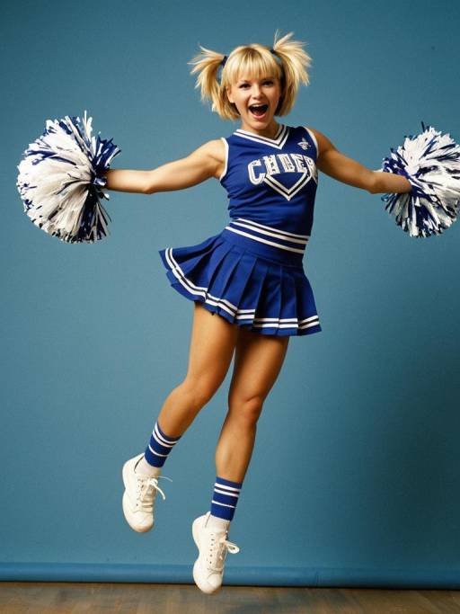 Blonde Cheerleader Jumping with Pom Poms