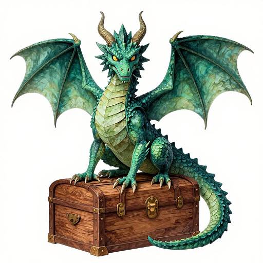 Digital illustration of a green dragon with sharp horns and wings, sitting on a wooden treasure chest, against a white background.