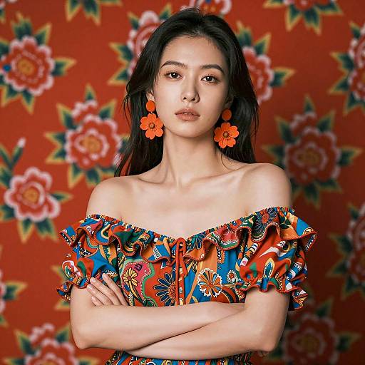 Asian Woman in Colorful Off-Shoulder Dress