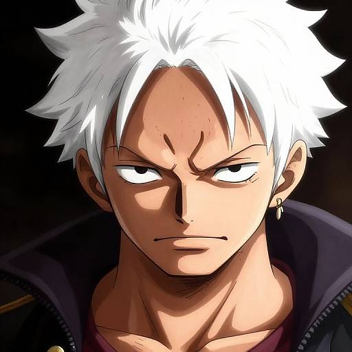 Anime-style digital drawing of a white-haired, muscular man with intense eyes, furrowed brows, earring, and dark jacket against a black background