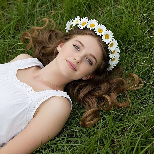 Photograph of a fair-skinned, brown-haired woman lying on grass, wearing a white dress and daisy crown, with a serene expression.