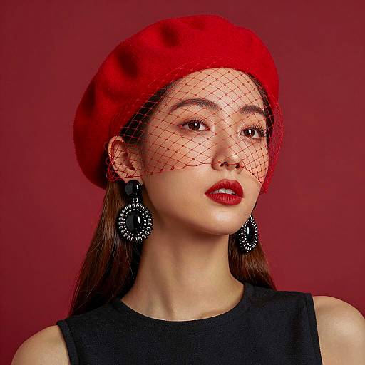 Elegant Woman in Red Beret with Veil