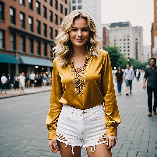 Blonde Woman in Gold Shirt and White Shorts on City Street