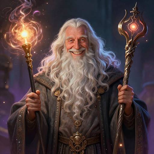 Magical wizard with long white beard, gray robe, holding two glowing staffs, smiling, in a dark, mystical forest background. Digital art.