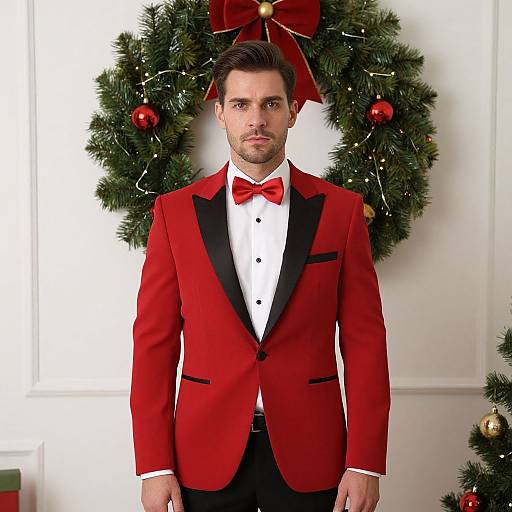 Photograph of a handsome man in a red tuxedo with black lapels and bowtie, standing before a Christmas wreath adorned with red and
