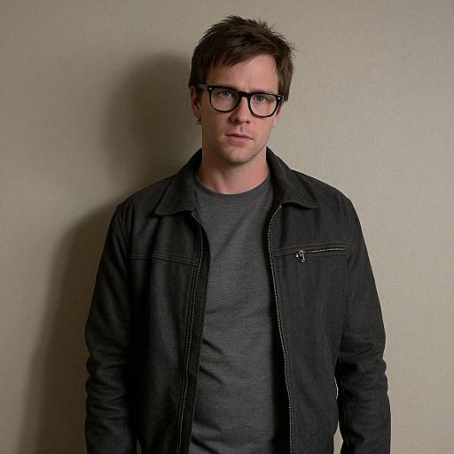 Photograph of a white man with short brown hair, black-framed glasses, gray t-shirt, and black denim jacket, standing against a plain beige