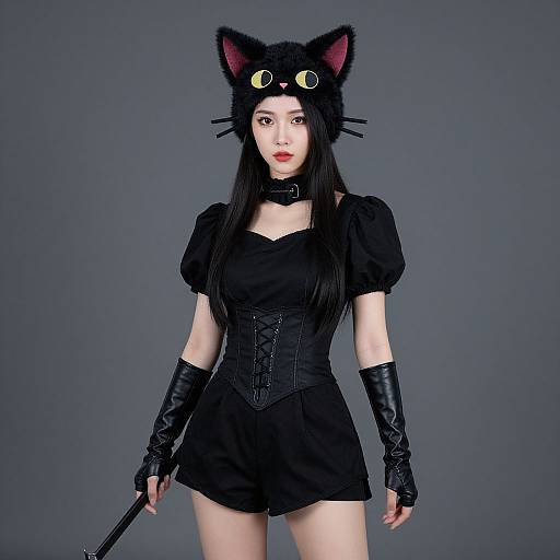Photograph of an Asian woman with long black hair, cat ears headband, black corset dress, leather gloves, and choker, against a