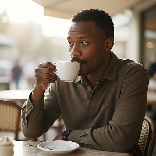 Photograph of a contemplative Black man with short curly hair, wearing a brown button-up shirt, sipping from a white cup in a softly lit