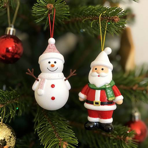 Photograph of a Christmas tree with two hanging ornaments: a smiling snowman with red buttons and a Santa Claus figure in red suit, green scarf,