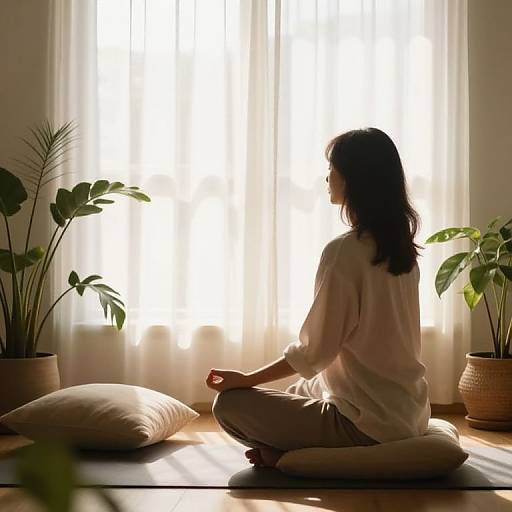 Silhouetted woman in white shirt and beige pants, meditating on a yoga mat in front of sunlit window, surrounded by potted plants