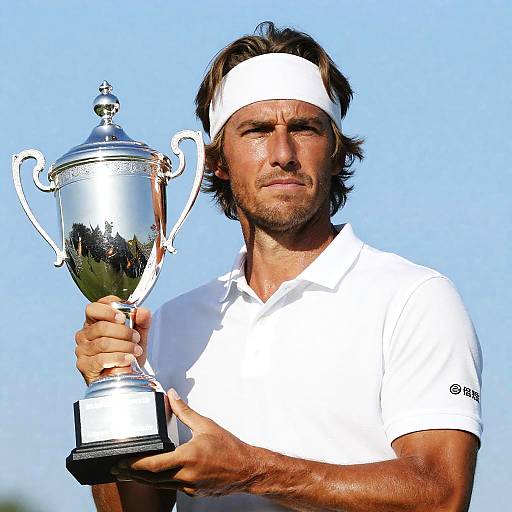 Triumphant Man Holding Silver Trophy