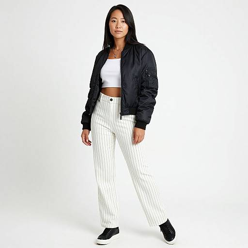 Photograph of a confident woman with medium brown skin, long black hair, wearing a black jacket, white crop top, white pinstriped pants