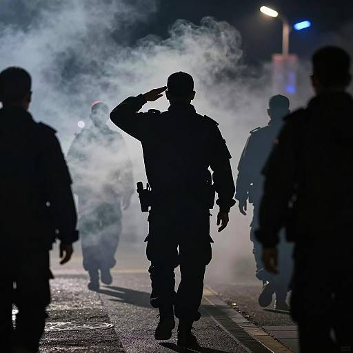 Silhouetted man saluting through smoke at night