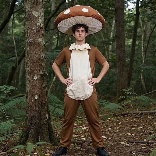 Photograph of a young man in a mushroom costume, brown outfit with white chest, standing in a dense forest, hands on hips.