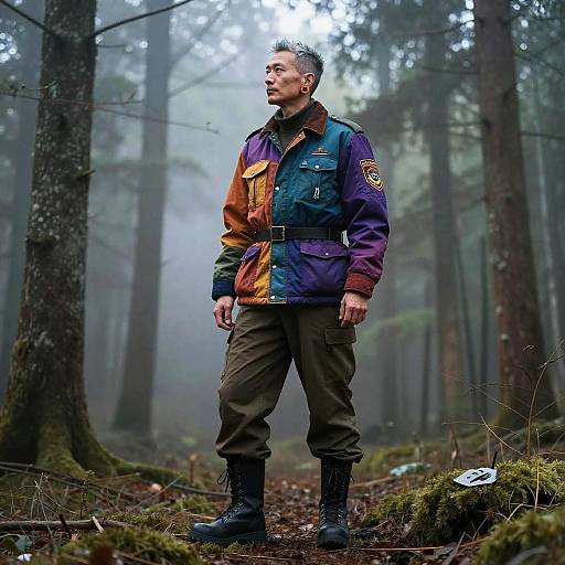 Photograph of a serious, middle-aged man with short gray hair, wearing a colorful, patchwork jacket and green pants, standing in a misty