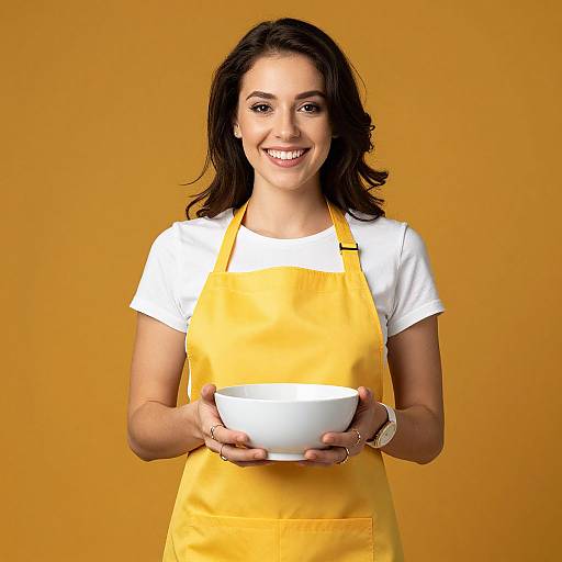 Photograph of a smiling woman with dark brown hair, wearing a white shirt and yellow apron, holding a white bowl against a solid orange background.