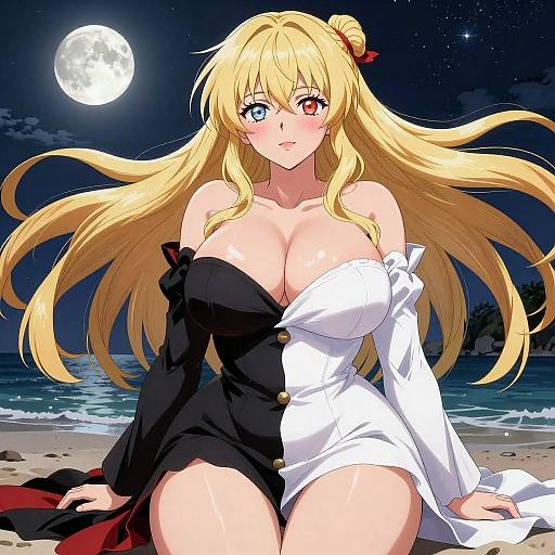 Anime-style digital artwork of a blonde woman with heterochromia, large breasts, wearing a black and white off-shoulder dress, sitting on