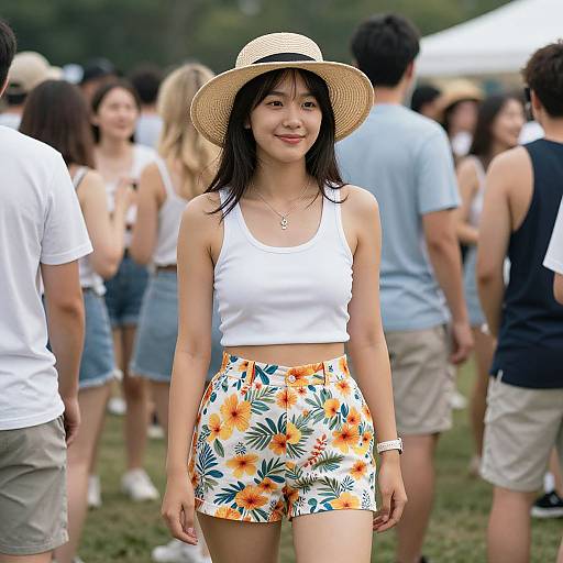 Photograph of an Asian woman in a white tank top and orange floral shorts, wearing a straw hat, standing in a grassy outdoor gathering with diverse