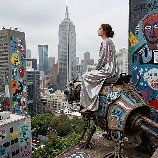 Photograph of a woman in a silver, reflective dress, sitting on a graffiti-covered, steampunk-style motorcycle, overlooking a city with tall skys