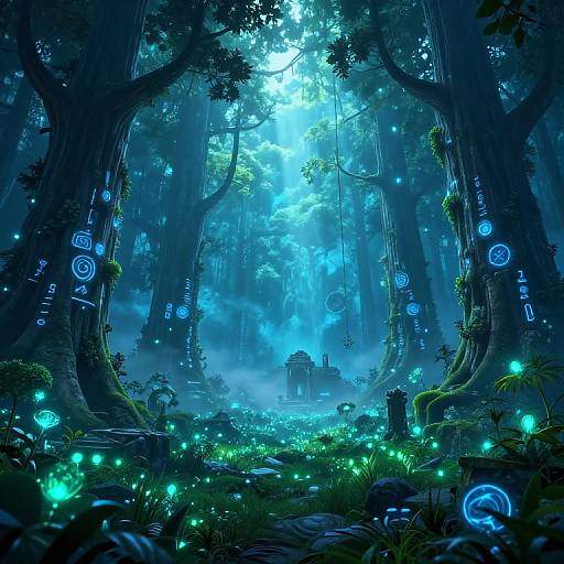 Digital fantasy artwork of a mystical forest bathed in blue light, with glowing orbs, luminescent plants, and spiraling blue symbols on towering trees