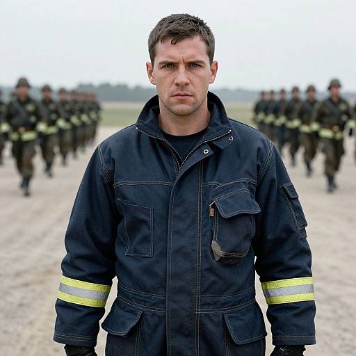 Photograph of a serious-looking Caucasian man in a dark blue firefighting jacket with yellow stripes, standing in front of a blurred group of firefighters on a