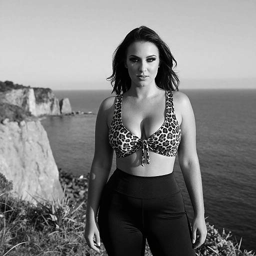 Black-and-white photograph of a confident woman with medium-length dark hair, wearing a leopard-print bikini top and black pants, standing on a grassy cliff