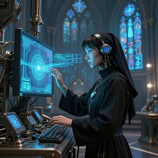 Cybernetic Techpriest in Gothic Chapel
