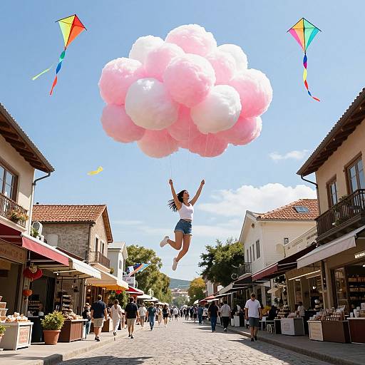 Photograph of a girl in a white tank top and denim shorts, jumping and releasing pink and white balloons in a sunny, cobblestone European street