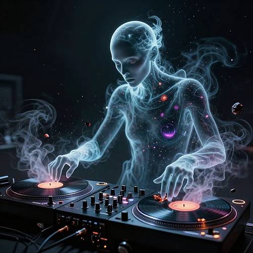 Neon-blue, ethereal DJ with transparent, smoke-like body mixing records in a dark, starry background. Glowing red and purple lights illuminate