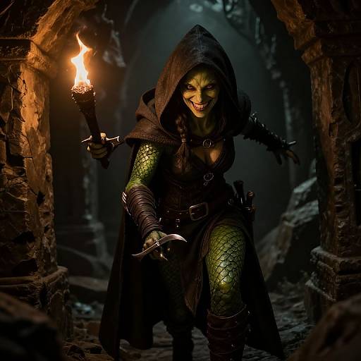 Dark fantasy photograph of a green-scaled, hooded female warrior with glowing face paint, holding a flaming torch in a dim, stone ruins.