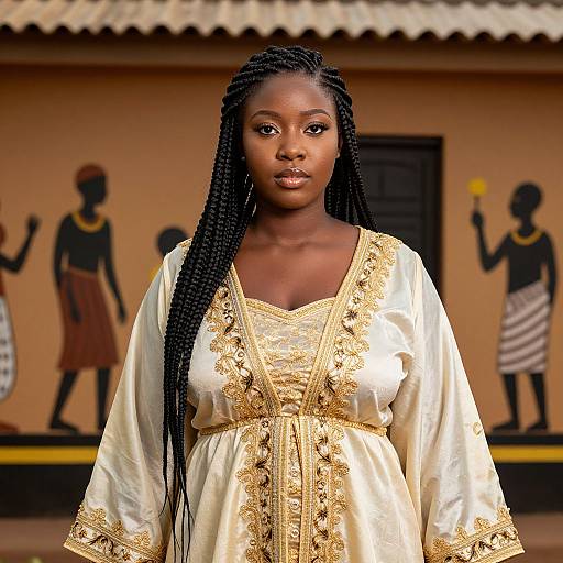 Photograph of an African woman with dark skin, long braided hair, wearing an ornate, cream-colored, gold-embroidered dress,