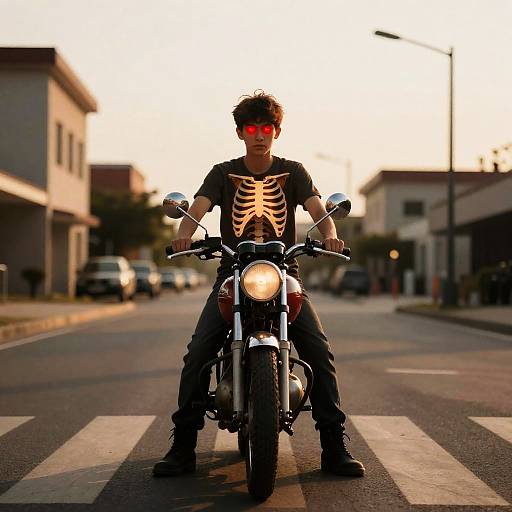Young Man on Vintage Motorcycle with Glowing Red Eyes