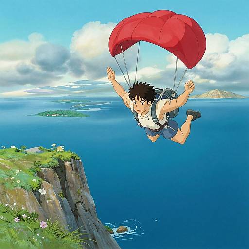 Parachute Jump Over Ocean in Miyazaki Style