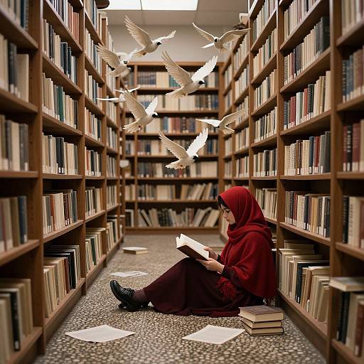 Photograph of a woman in a red hoodie and black pants sitting between two tall bookshelves, reading a book with white birds flying above her in