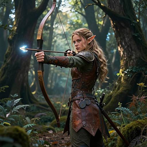 Digital fantasy art: Elf archer with long blonde hair, pointed ears, brown leather armor, drawing a glowing arrow in a misty forest.