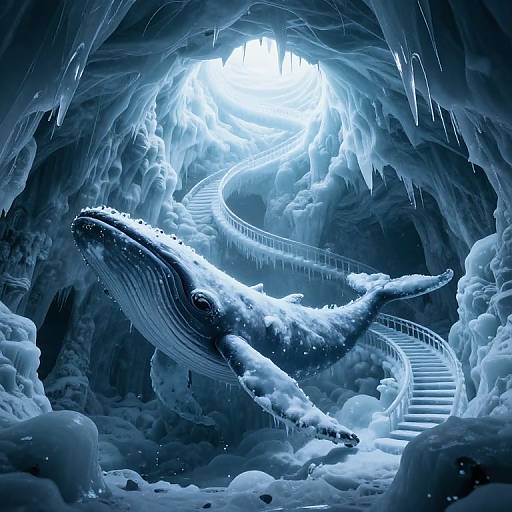 Digital art of a giant, snow-covered blue whale in an icy cave, illuminated by bright light from above, with a winding stairway leading upward.