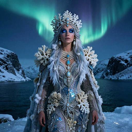 Photograph of a woman with blue glowing eyes, wearing a detailed ice-themed dress with snowflake patterns, against a snowy landscape with Northern Lights.