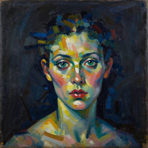 Vibrant, expressive oil painting of a young woman with large green eyes, illuminated by colorful brushstrokes against a dark background.