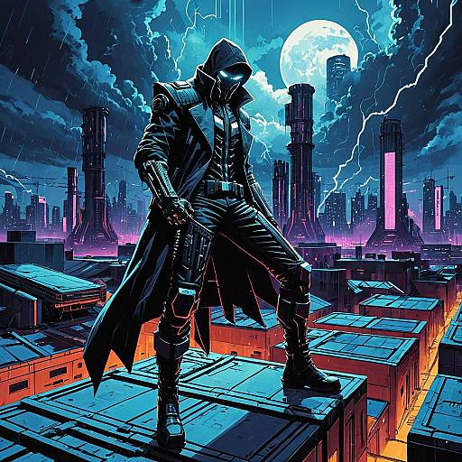 Cyberpunk Hacker on Neon City Rooftop