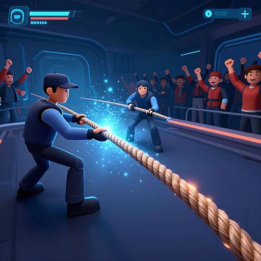 Digital 3D artwork of two cartoon-style male fighters wielding glowing blue laser swords in a dimly-lit arena, with a cheering crowd in the