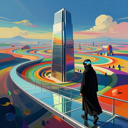 Digital art: Silhouetted figure in black coat and blue visor walks on glass bridge over vibrant, rainbow-colored, futuristic cityscape with towering